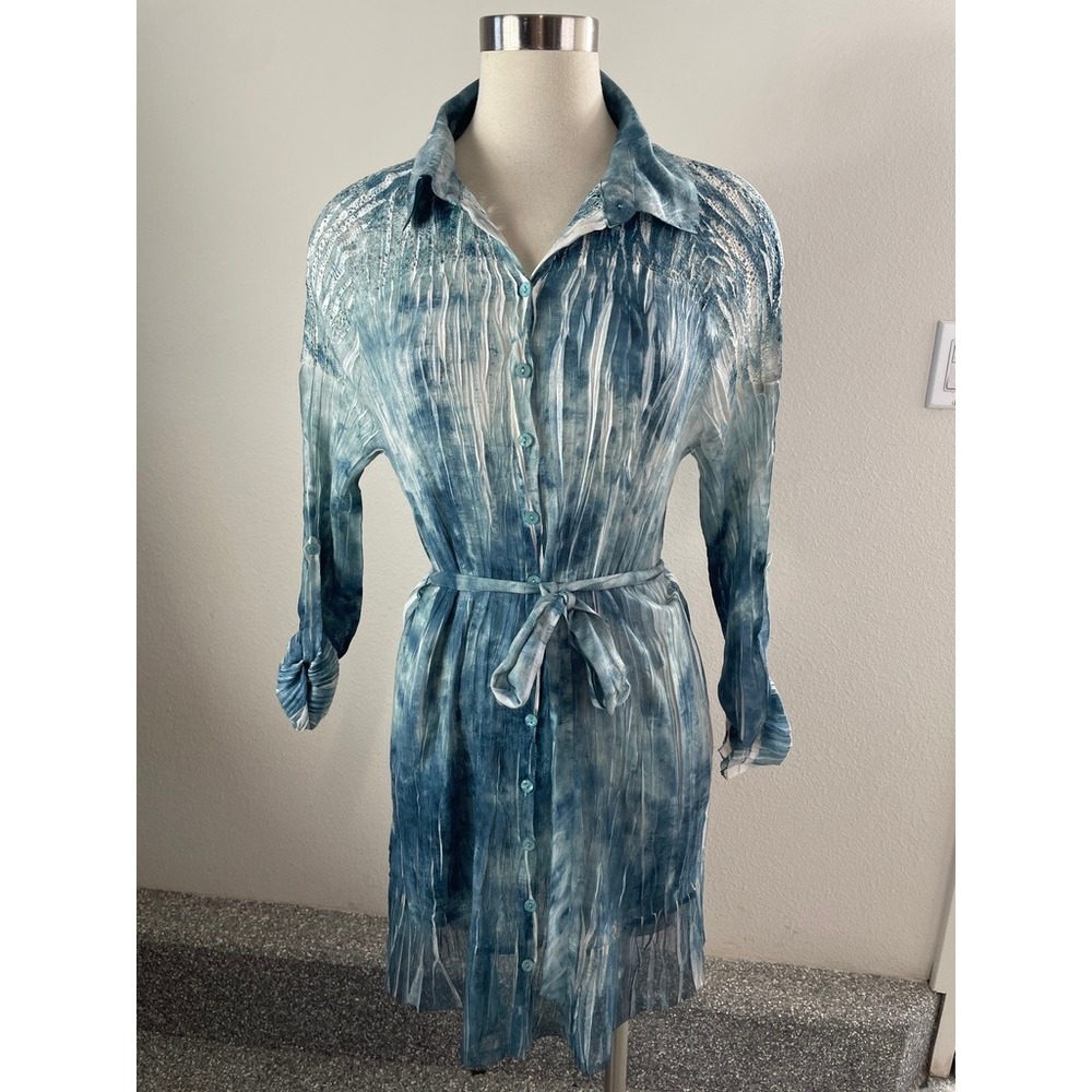 Komarov Womens Small Blue Tie Dye Crinkled Lace Shoulder Button Up Shirt Dress